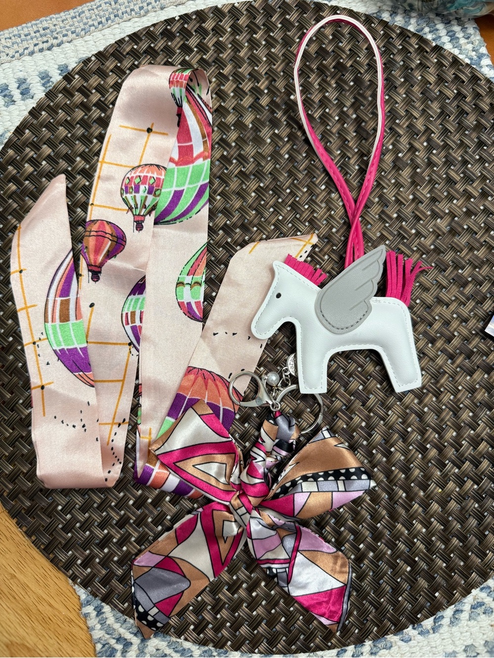 Unbranded Pink Pegasus Bag, twilly, and Twilly on a key chain with clip